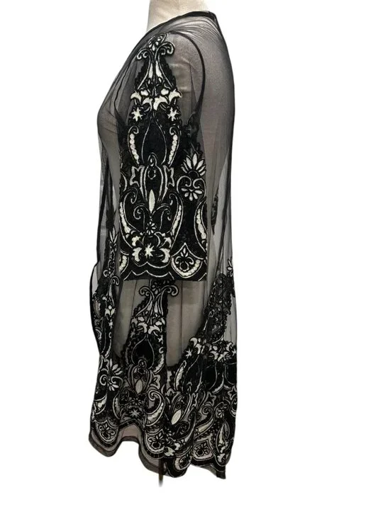 Mechant Sheer Lace Kimono Duster S Black Mesh Embroidered Boho Layer - Picture 3 of 8